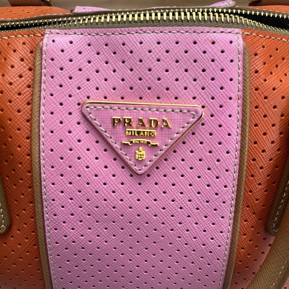PRADA Boston Papaya Caramel Pink Saffiano Fori Perforated Satchel - Picture 2 of 13